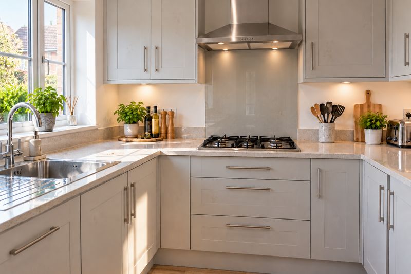 Clean kitchen with worktops, sink and hob