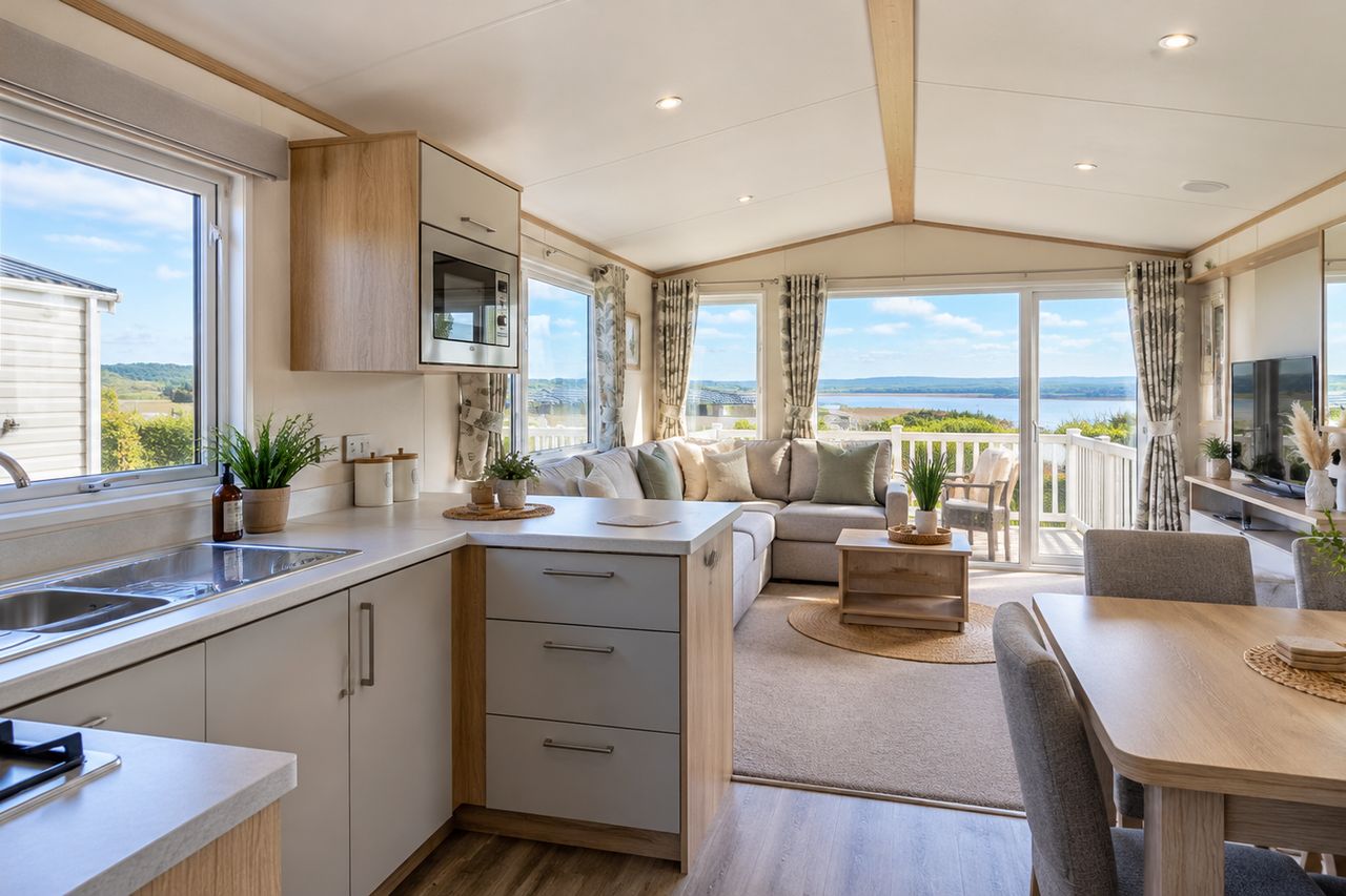 Clean static caravan interior with kitchen and lounge